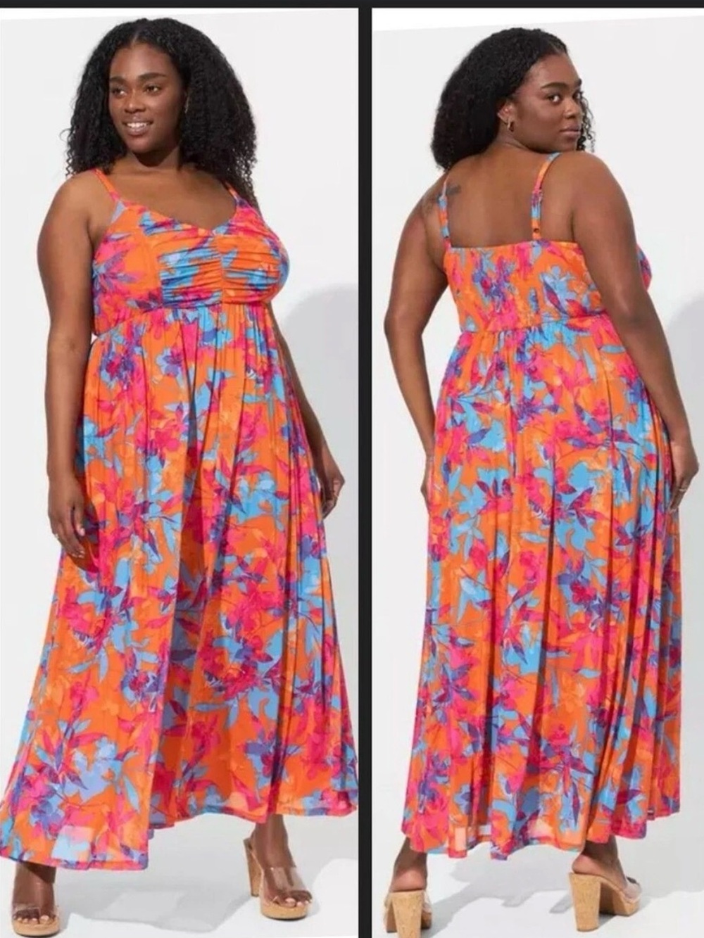Orange Floral Maxi Dress with Blue & Pink Accents - Picture 2 of 4